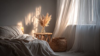 Serene bedroom scene bathed in soft sunlight with neutral tones and textures