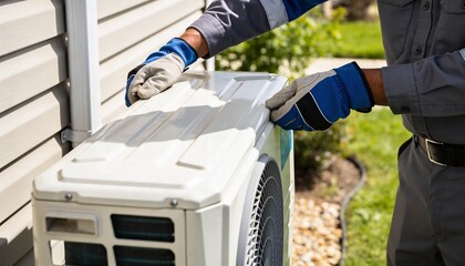 HVAC technician performing maintenance or installation on an outdoor air conditioning unit.