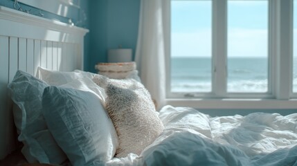 Comfortable bedroom interior with a sea view and natural light streaming