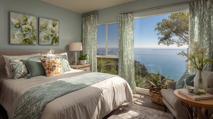 Elegant bedroom with ocean view and nature inspired decor