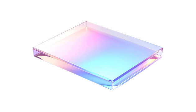 Empty holographic glass podium with vibrant iridescent rainbow gradients and transparent crystal texture isolated on white background for 3D product display and presentation