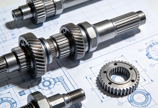 Precision metal transmission components like gears and shafts resting on a technical engineering blueprint.