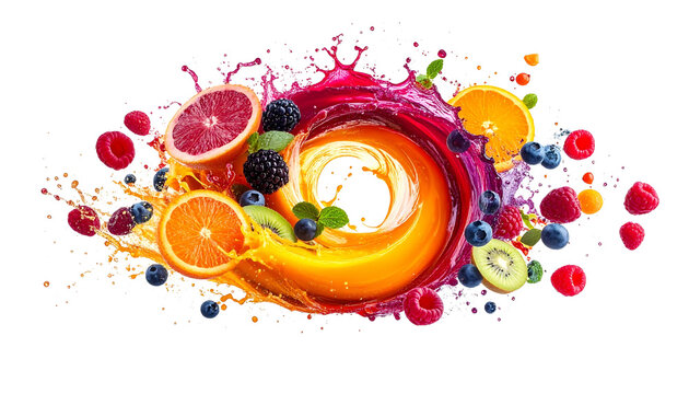 Fresh mixed fruit splash with orange berry and kiwi slices in swirling juice liquid burst isolated on white background for healthy beverage design