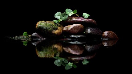 Zen stones and plants on water reflection against black background