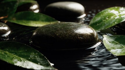 Smooth stones and green leaves in water for relaxation and wellness