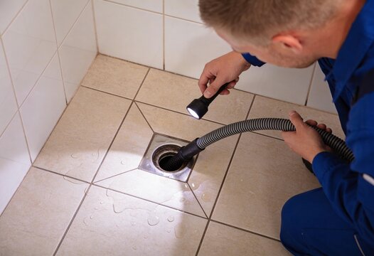 Plumber in blue overalls cleaning a clogged floor drain with a hose and inspecting it with a flashlight.