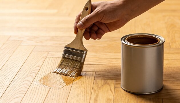 Close-up of a person applying protective polyurethane coating or varnish onto a light wood parquet floor using a wide paintbrush, with a paint can nearby.