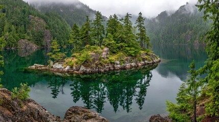 Tranquil island surrounded by calm water and verdant forest landscape