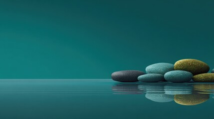 Zen stones arrangement over water reflecting minimalist background