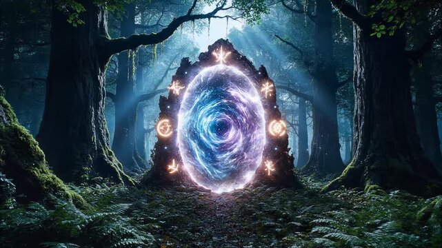 Magical Glowing Portal Gate Hidden in a Dark Ancient Forest