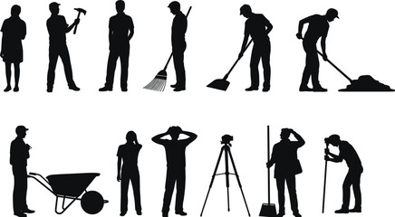 Construction and landscaping worker silhouettes vector set, men and woman with shovel rake hammer wheelbarrow and survey tripod isolated on white © Vector's World
