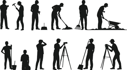 Construction and road maintenance worker silhouettes vector collection, laborers with shovel rake hammer wheelbarrow and survey tripod isolated on white background © Vector's World