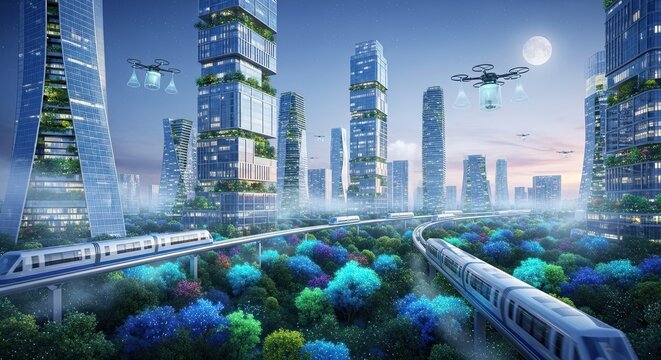 Futuristic cityscape with sleek skyscrapers monorail and drones flying over vibrant gardens and blue trees at dusk with full moon