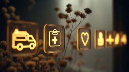 Medical icons ambulance report heart people plus symbols in glowing light
