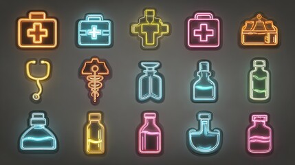 Neon medical icons set on a dark background healthcare illustrations