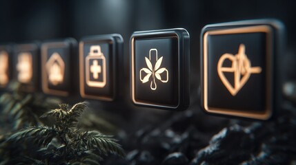 Abstract illustration of medical icons with stylized golden outlines and depth