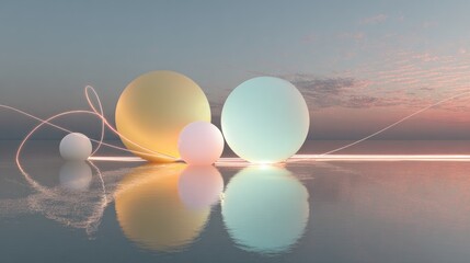 Abstract composition with glowing spheres and reflections against a soft sky