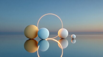 Abstract composition of spheres and a glowing ring against a gradient background