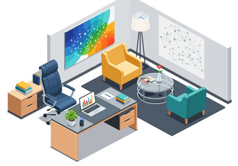 Obraz premium Isometric office space with modern furniture and vibrant artwork on the walls