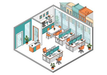 Obraz premium Isometric View of Modern Office Space with Desks and Chairs
