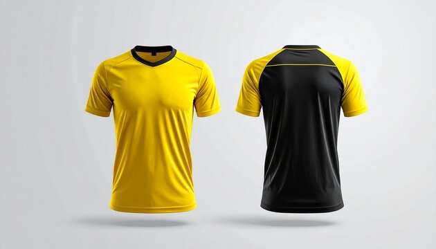Front and back view of a blank yellow and black short-sleeve athletic t-shirt mockup, perfect for design presentation
