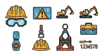 Stained Glass Construction Icons Set: Safety Hard Hat, Excavator, Toolbox, Warning Sign, and Industrial Equipment Vector Collection.