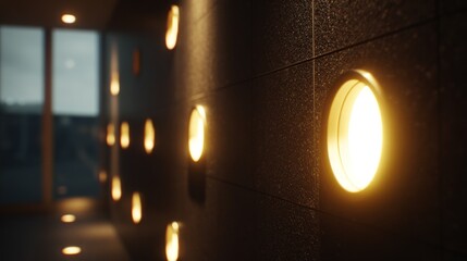 Modern wall lighting fixtures illuminated in a dark interior environment