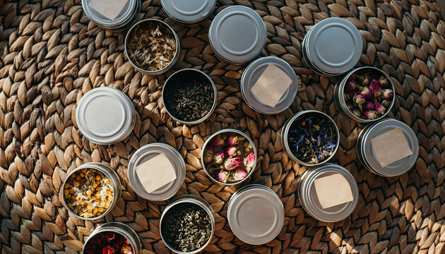 Flatlay composition of various dried tea leaves and flowers in small, generic, labeled metal tins on a woven wicker mat.. Zero-Waste Lifestyle & Sustainable Packaging.
