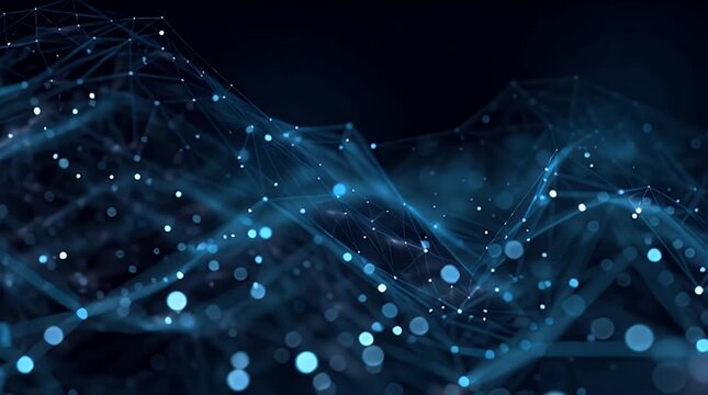A dark blue image showing a 3D network of glowing nodes and connected lines, creating an abstract data visualization