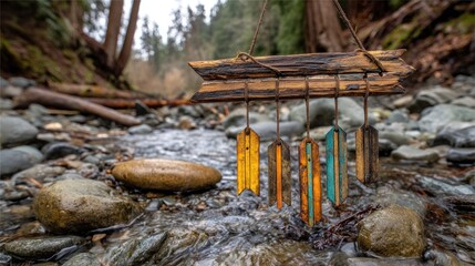 Wooden wind chimes hanging over a rocky stream in nature
