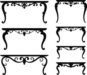 Ornate baroque console table silhouettes vector collection, vintage carved furniture legs set isolated on white background for luxury interior decor design