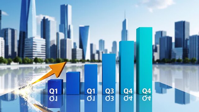 Business growth chart with cityscape background.
