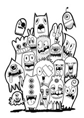 Hand-drawn illustrations, monsters doodle, Hand Drawn cartoon monster illustration,Cartoon crowd doodle hand-drawn Doodle style.black and white stripes coloring  book.