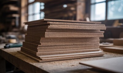 Close-up of stacked wooden boards with visible layers in a dusty, well-lit workshop