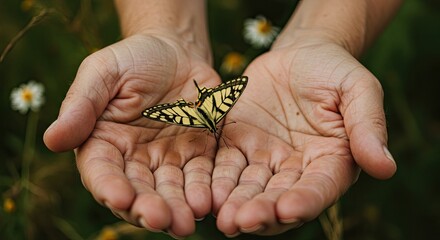 Hands holding butterfly macro close up natural light soft focus serene scene