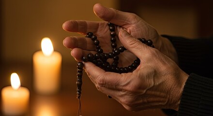 Hands holding prayer beads near lit candles soft focus