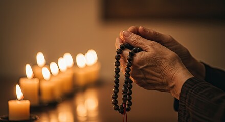 Hands holding rosary beads with candles in soft warm lighting atmosphere