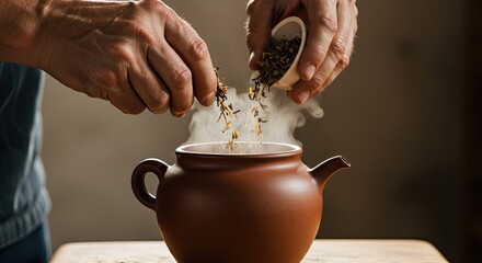 Hands preparing tea with ceramic teapot and tea leaves isolated closeup
