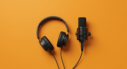 Headphones and microphone on orange background studio recording equipment