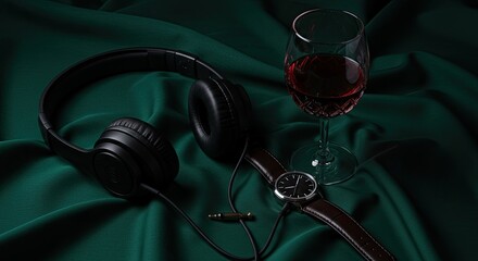 Headphones watch and wine glass on draped green fabric still life