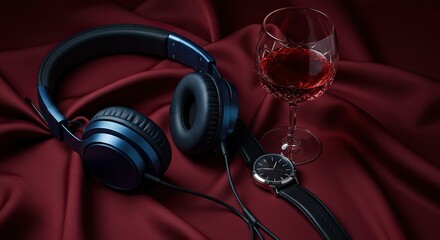Headphones watch and glass of red wine on draped cloth background