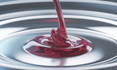 Close-up of viscous, ruby-colored liquid being poured onto a metallic, reflective surface