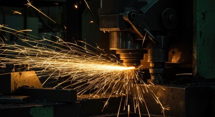 Industrial machinery in action sparks flying manufacturing process