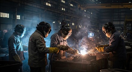 Industrial welding process with workers creating sparks and light effects