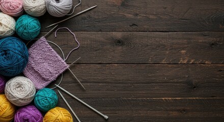 Knitting craft concept with yarn balls needles and wool on wooden surface