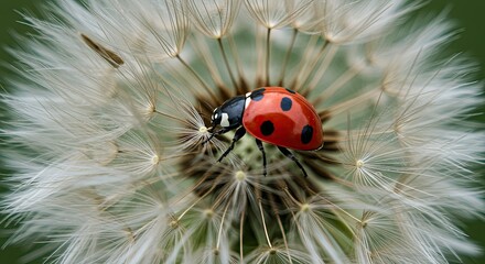 Ladybug perched on delicate dandelion seed head against blurred background