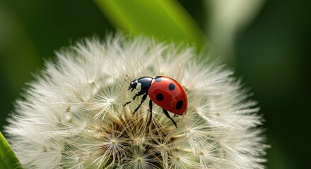 Ladybug perched on a dandelion flower against a blurred green background