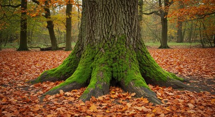 Large tree trunk with visible roots surrounded by fallen autumn leaves