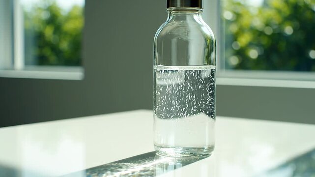 Clear Bottle with Sparkling Water on Table.