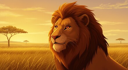 Majestic lion portrait amidst golden landscape under sunset sky